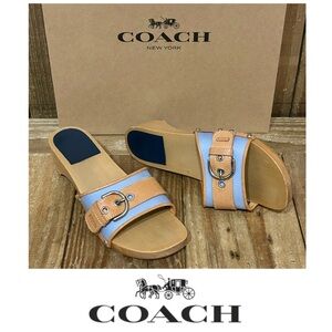Coach Ella Heeled Leather and Twill Mule Sandals with Free Box. Women’s Size 7.5